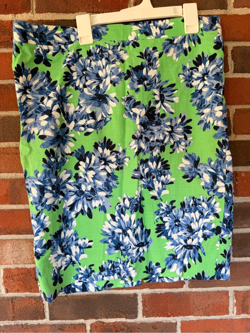 J. Crew Green Pencil Skirt with Blue Floral Print